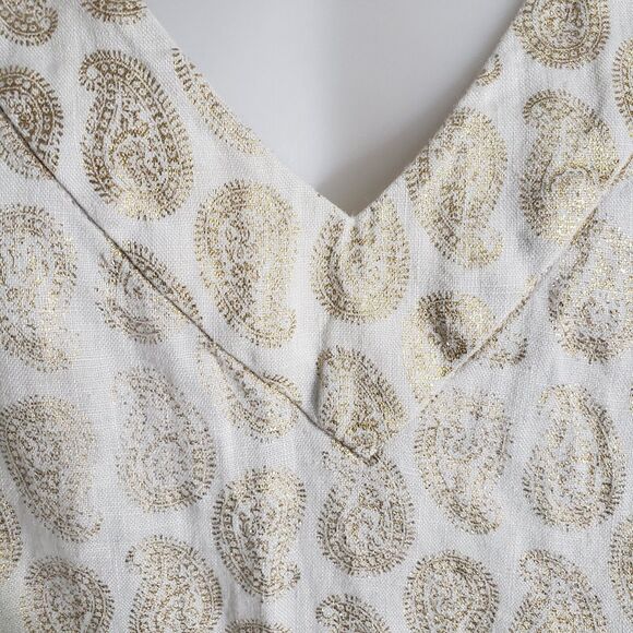 St. Tropez West Womens Tank Top Medium 100% Linen V Neck Ivory Gold Paisley - Picture 4 of 8